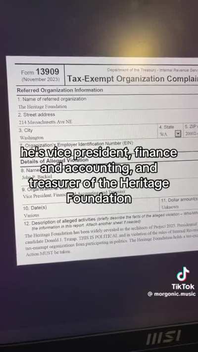 Help prevent the heritage foundation from being tax exempt