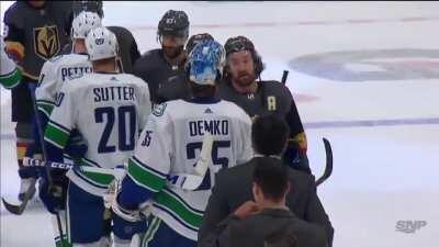 Mark Stone is lost for words when meeting Demko in the handshake line