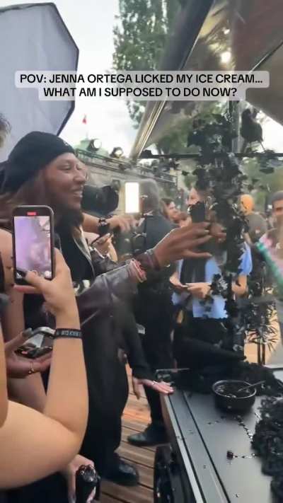 Licking black ice cream at the Wednesday Season 2 premiere, TikTok from @ortega.mae18 7/31/2025