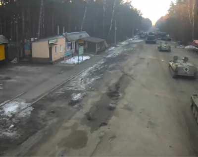 Russian military equipment entering Ukraine from Belarus.