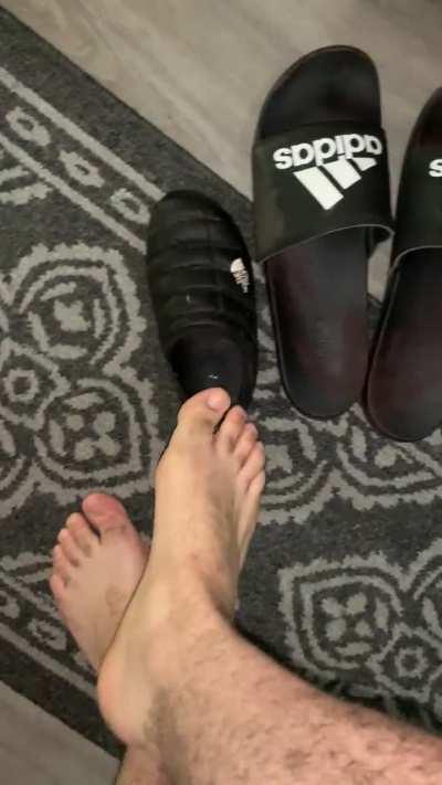 As requested here are my size 18 feet trying to fit into my friends size 5 slides