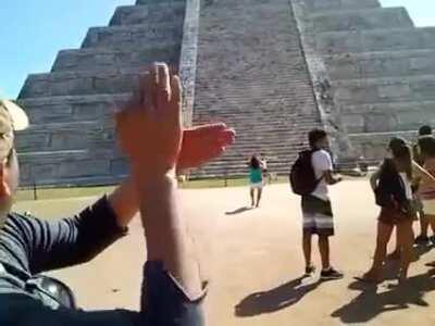 The bird-call effect, which resembles the warble of the Mexican quetzal bird, a sacred animal in Mayan culture, was first recognized by California-based acoustic engineer David Lubman in 1998. The 'chirp' can be triggered by a handclap made at the base of