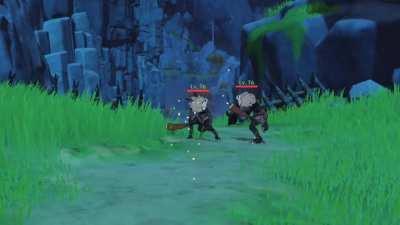 Two hilichurls fighting each other