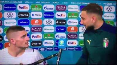 Donnarumma translates Italian to Marco apparently communication is hard after the Italian victory