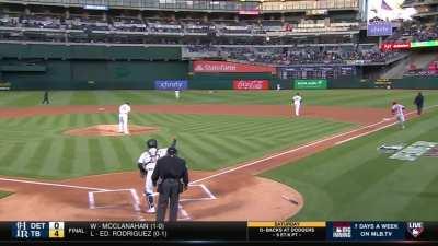 [Highlight] [Highlight] Esteury Ruiz robs Mike Trout of his first hit of the season with a diving catch.