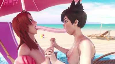 Tracer vs Emily. Double dildo fun