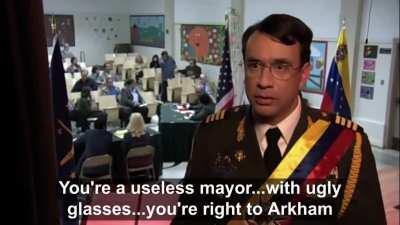 Hugo Strange explaining Arkham City to outsiders