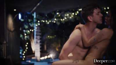 Fucking his little bang toy up against the patio door