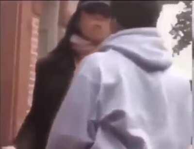 Karen kicks skateboard kid. Now her hat is on the floor!