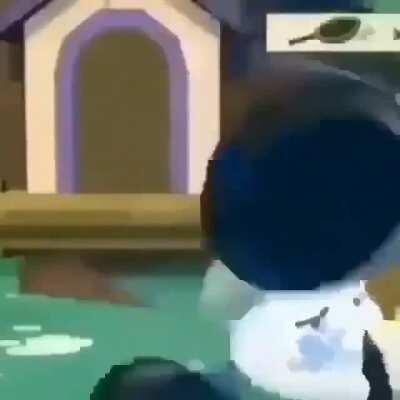 She gets hit by a frying pan coof coof