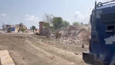 QRF team from Bannu Police's ELITE unit engaged in a firefight with Afghan militants who attacked the Frontier Constabulary Lines in Bannu city of Pakistan's Khyber Pakhtunkhwa province today. Surrounding destruction caused by initial VBIED attack.