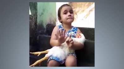 Since Isadora has an upcoming 6th birthday, she thought her 5 year old pet chicken Emanuelle should celebrate too (in Portuguese but no translation needed)