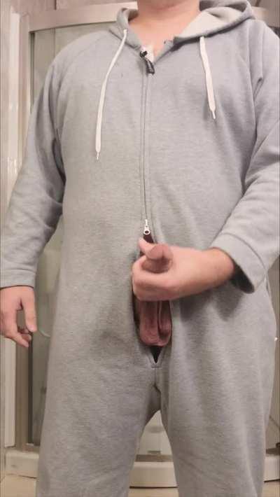 Gray sweats? What a about a gray onesie! Watch me tease and stroke my cock before I tease to show my ass! There's much more to this video at my pinned link ;)