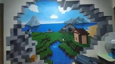 I posted a photo of this a year ago. It's a wall painting I made for my nephew. I'm happy I catch him still staring at it sometimes.