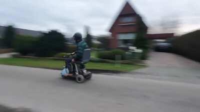 He put a 110CC engine on a mobility scooter!