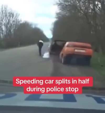 Truly bizarre footage captures the moment a car suddenly split in half to escape police during a chase in Tatarstan, Russia on April 23.