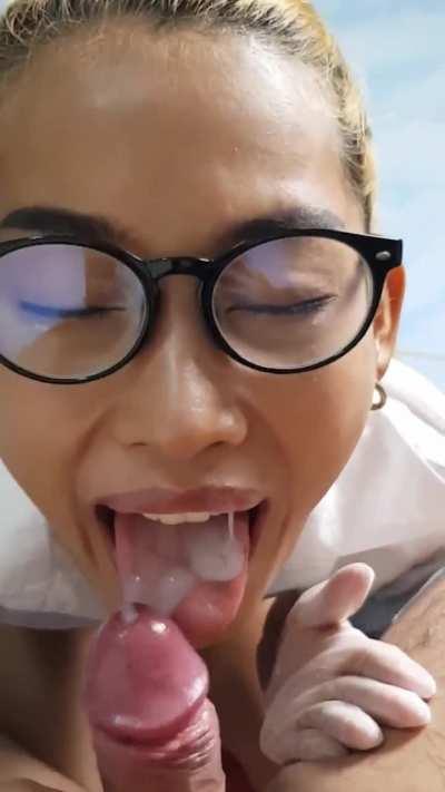 Being a naughty nurse and examining his load with my tongue