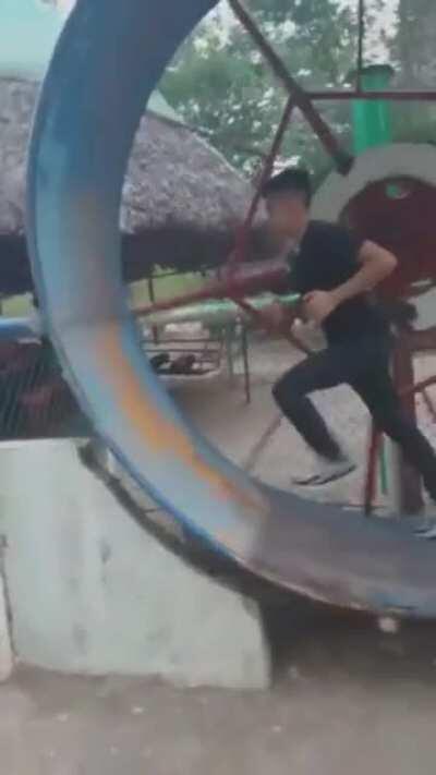 running on a giant hamster wheel