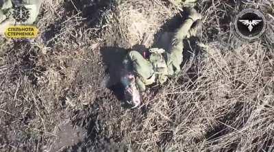Drone From 3rd Battalion of the 80th Air Assault Brigade Drops a Grenade on a Russian soldier.