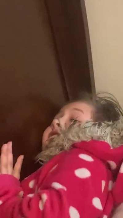 This is my little sister. She got stuck on my bed and was joking around at first, but I guess she started to sink and she started to get upset. She’s alive tho don’t worry.