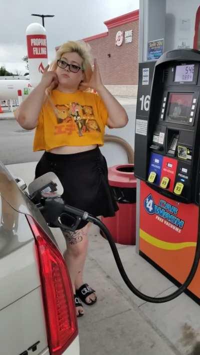 Showing off my chubby body at the gas station
