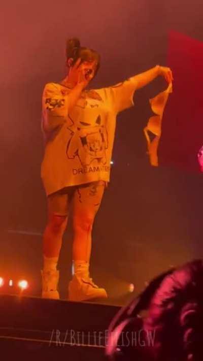 Billie picking up a fan&rsquo;s bra while performing