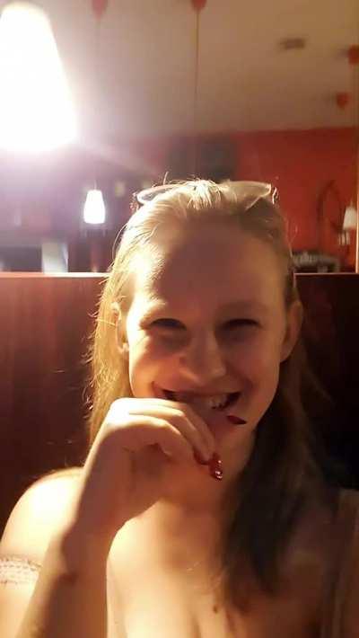 I keep getting caught out lately, such as in this video. I've only managed to get one breast out. And. Caught. [GIF]