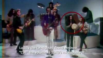 Sound engineers turn Yoko Ono's mic off mid performance to stop her from ruining a legendary performance between John Lennon and Chuck Berry in 1972.