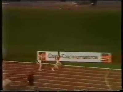 In London Steve Ovett put his hands up in victory thinking he had the win for the 500 metres, until John Treacy reaches him, and goes right under his arm for the win, 1980.