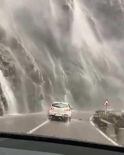 Driving through a waterfall