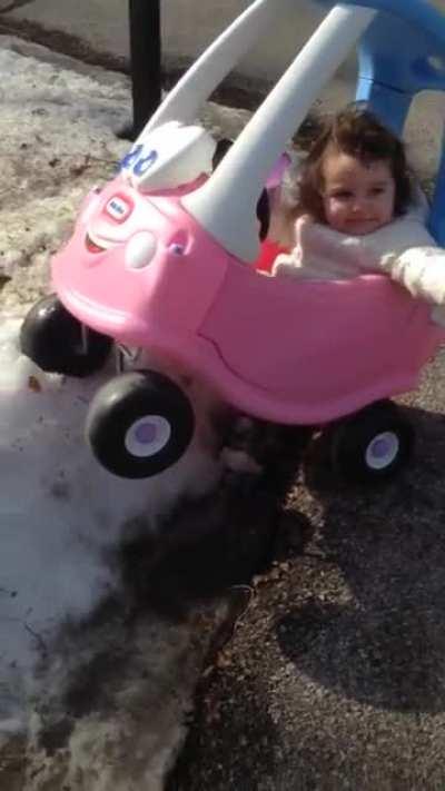 Dad catches daughter drinking and driving in cozy coupe