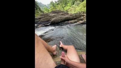 Getting jerked next to a beautiful waterfall