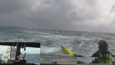 Landing a helicopter on a small ship in rough sea