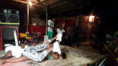 Hottie in a bikini learns some new dance moves on stage