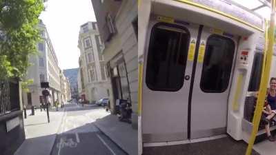 This runner exited a train, ran to the next stop, on got back on the same train.