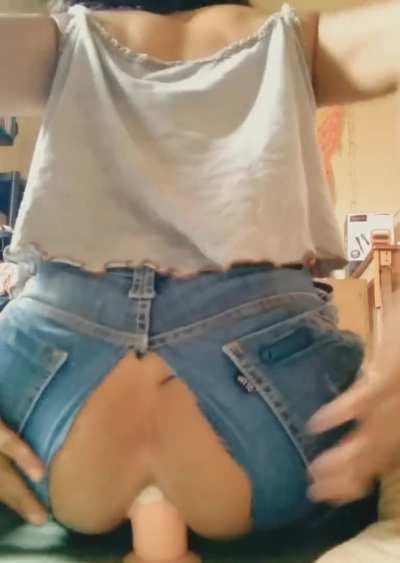 Riding dildo in ripped jeans!