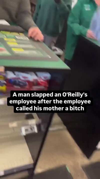 Dude behind the counter called a woman a “bitch”. So, her son decided to approach him.