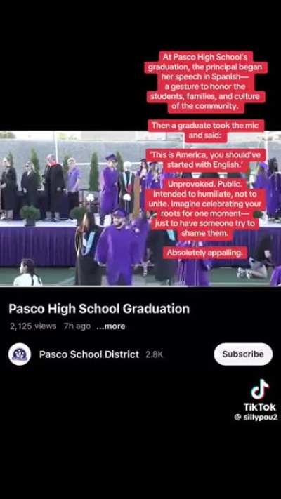 While graduates of a high school in WA get their diplomas, a graduate takes the mic and tells the principal that she should've started her address to the graduating class in English because 