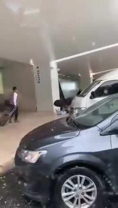 To hug her boyfriend.