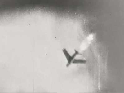 MiG-15 likely flown by a Soviet pilot maneuvering in vain to avoid gunfire from 1st Lt Thomas E Nott's F-86F Sabre over the Yalu on June 29th 1953