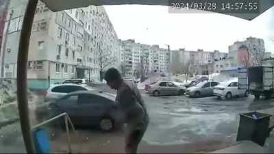 A concrete wall falls because of a box leaning against it