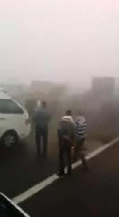 There is a heavy fog in Egypt and cars are crashing  