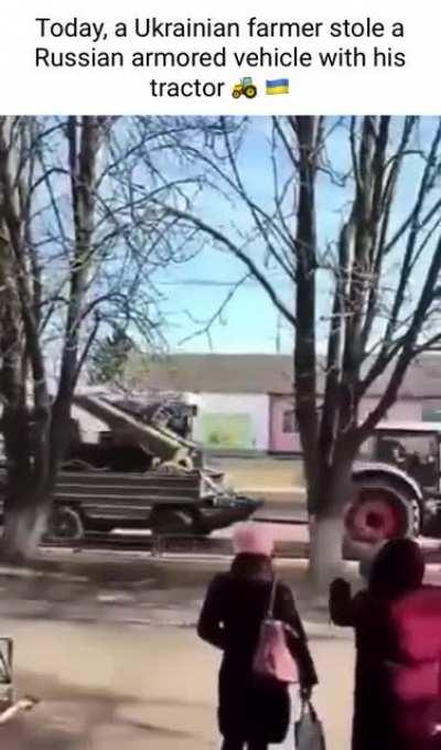 A Ukrainian farmer stole a Russian armored vehicle while the crew was off hunting for food and fuel. I think somebody's in trouble!