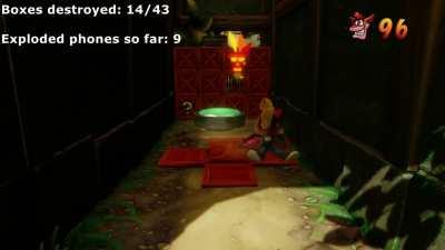 One of Coco's idle animations (the Exploding Cellphone) is able to break nearby boxes. I was wondering: would it be possible to clear every single box in a level via idling around? Turns out: YES!