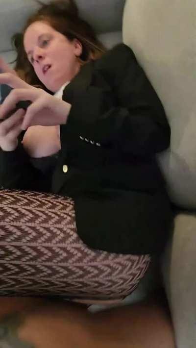 Busy professional woman takes time to multitask [f] [m]