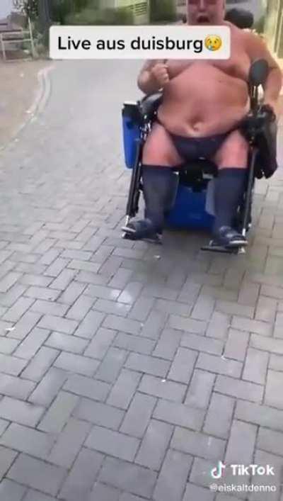 German gentlemen on a scoots is very upset with kids skateboarding near his home!!