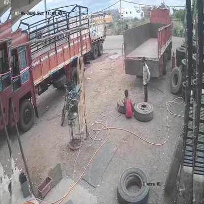 Idiots inflating truck tire