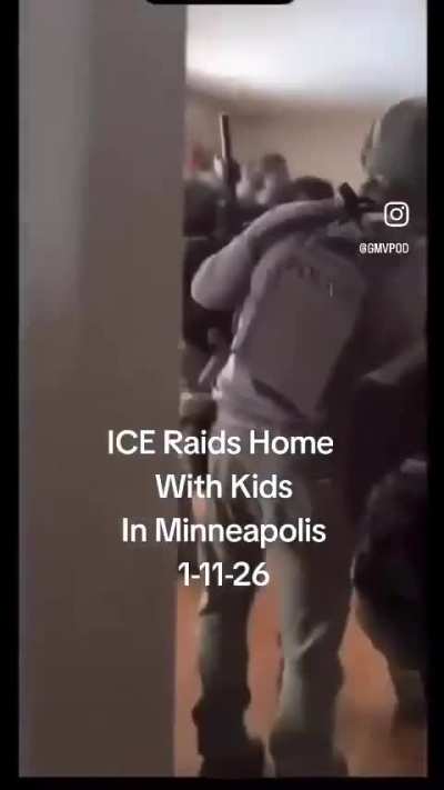 More footage from the door-to-door raids taking place across the Twin Cities area today. Here a family's house can be seen being raided by masked, heavily armed ICE agents without a valid warrant while children are present.