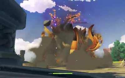 Azhdaha, Eula, and Yanfei (with shield) in action