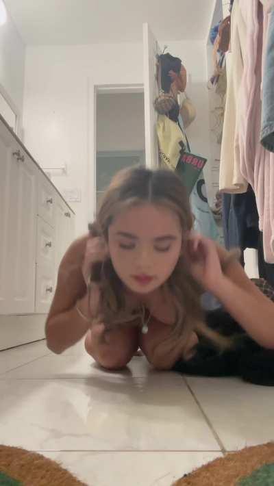 Wild piss slut laps up her own piss off the floor